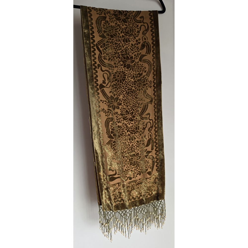 Wayne Kleski Beaded Green Floral Scarf 76in Wrap Shawl Boho Rectangle Stole VTG